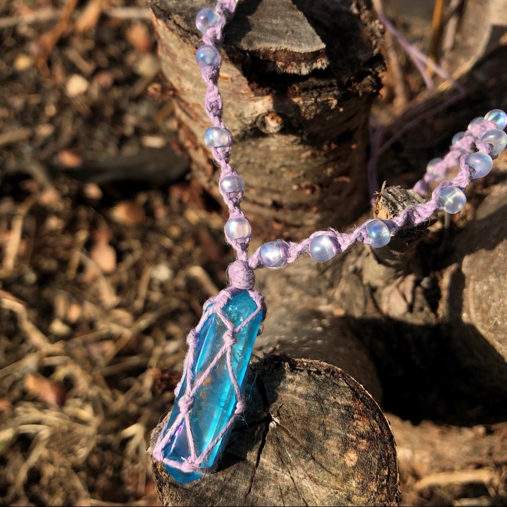 Aqua Aura Quartz Macrame Beaded Necklace